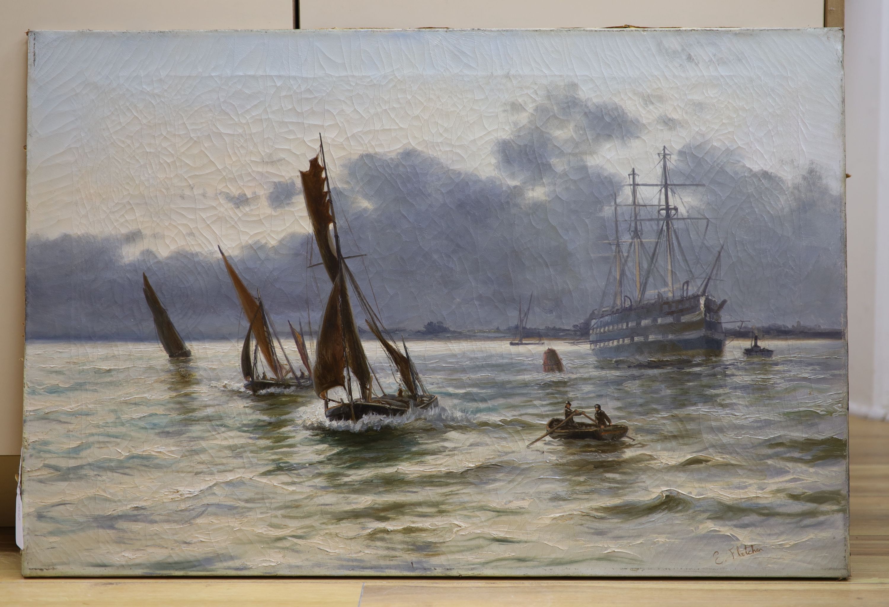Manner of Edwin Fletcher, oil on canvas warship and fishing boats on an estuary, bears signature, 51 x 76 cm, unframed.